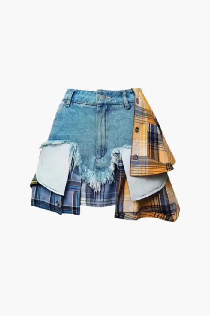 Monica – Panele w kratę – Warstwowa mini spódniczka jeansowa