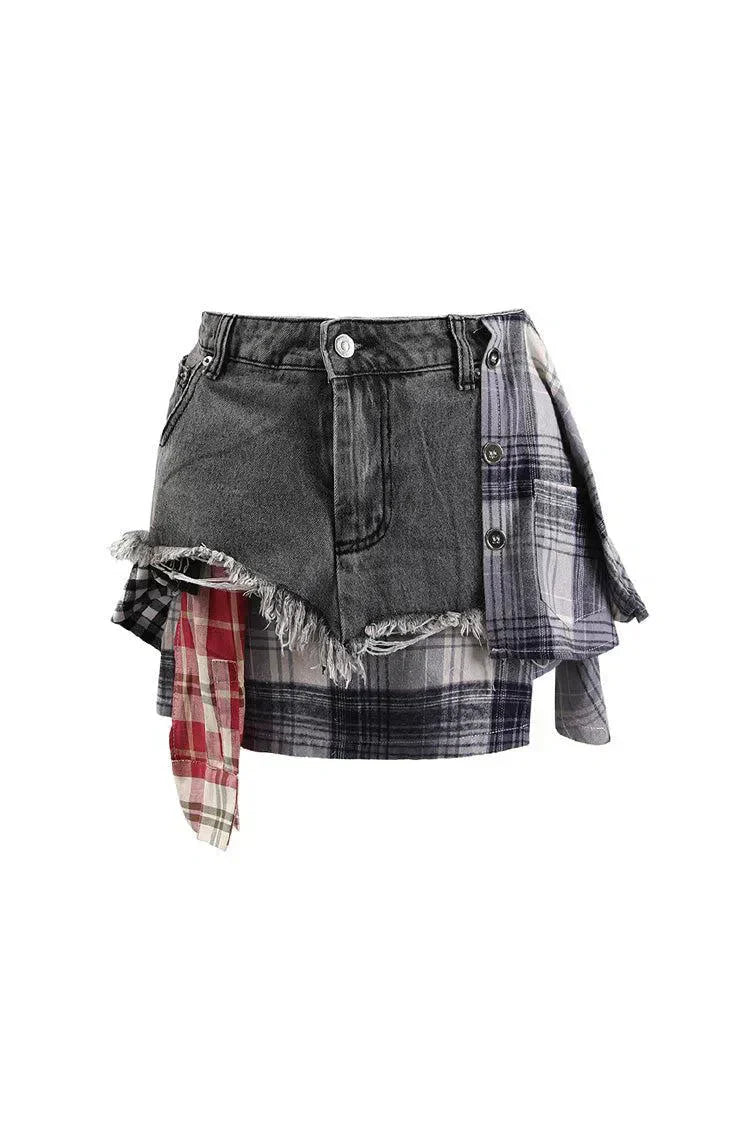 Monica – Panele w kratę – Warstwowa mini spódniczka jeansowa
