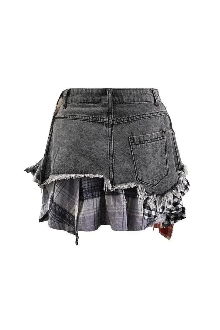 Monica – Panele w kratę – Warstwowa mini spódniczka jeansowa