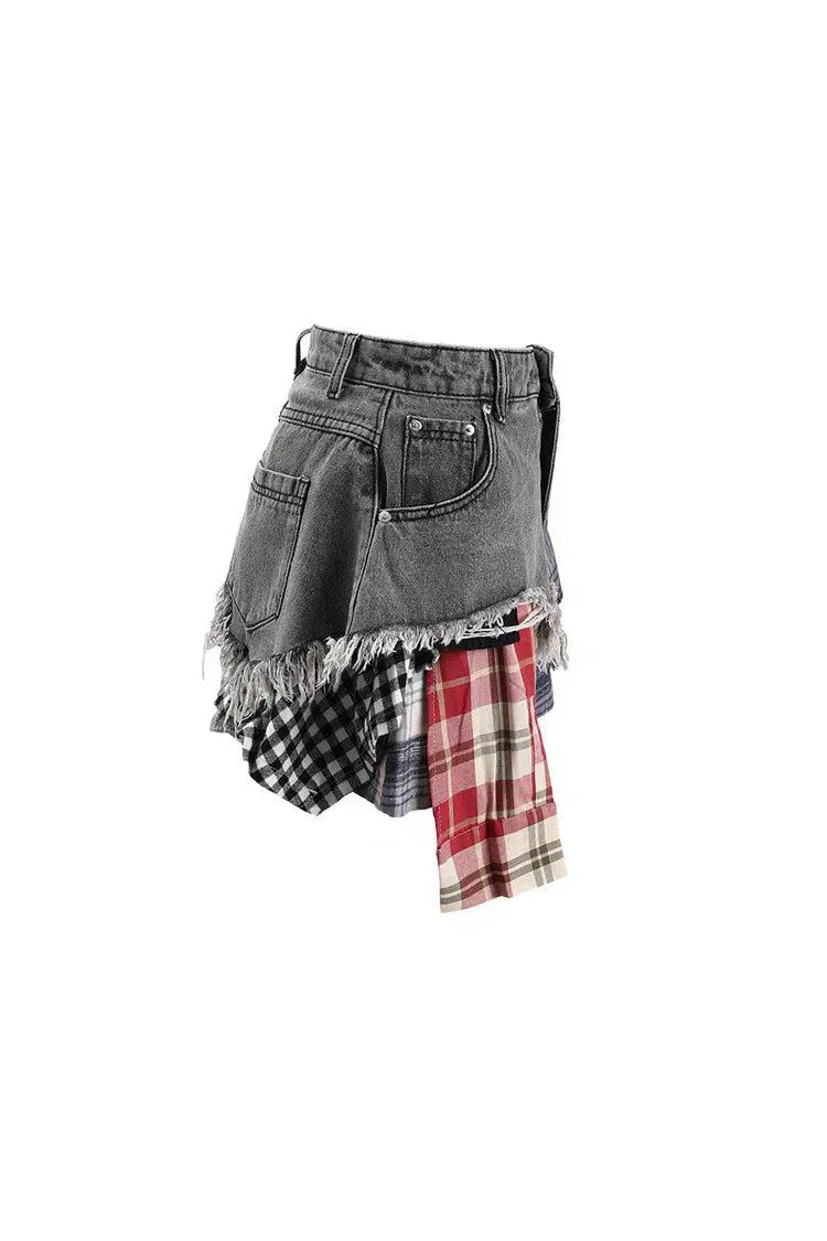 Monica – Panele w kratę – Warstwowa mini spódniczka jeansowa